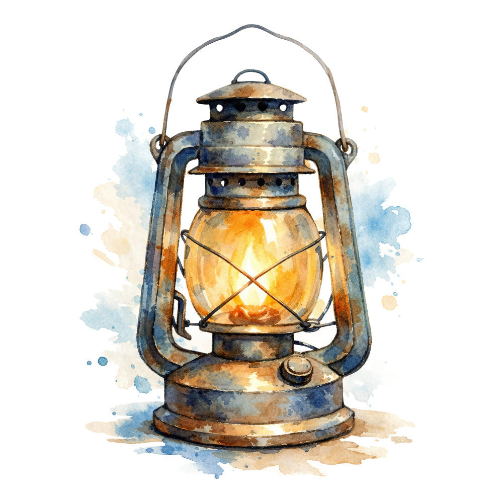 vintage lantern, rustic, antique lamp, watercolor, blue and gold, warm glow, camping, outdoor, adventure, farmhouse, nostalgic, burnt orange, rust, cream, beige, light blue, sky blue, oil lamp, kerosene lantern, country style, traditional, nature inspired, evening, nighttime, cottage core, hand painted, distressed, metal hardware, illuminated, cozy