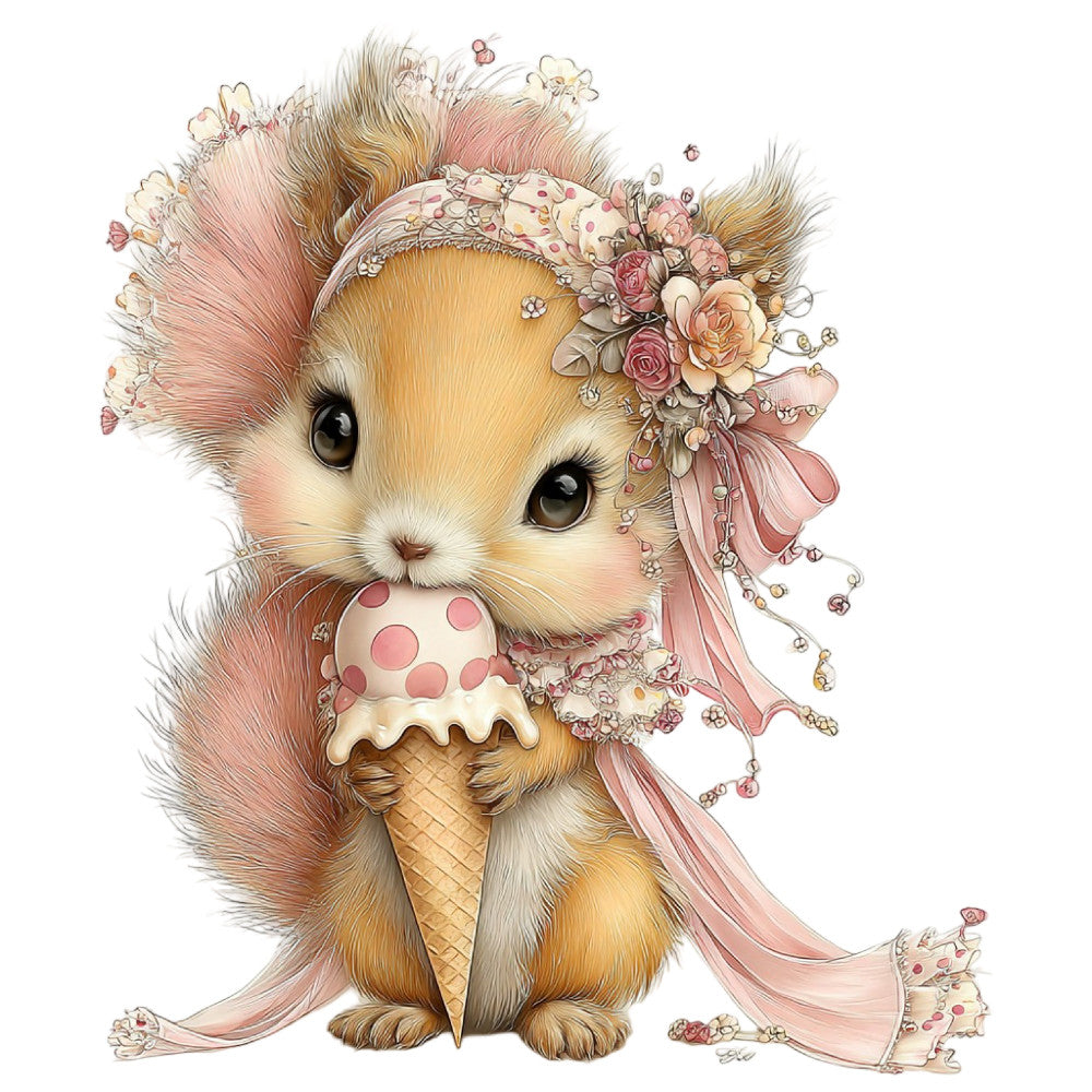 cute animal, squirrel, ice cream cone, floral, roses, flowers, blush pink, coral pink, cream, tan, gold, peach, pastel, whimsical, sweet, adorable, feminine, romantic, vintage, tea party, dessert, fantasy, illustration, children's, baby, spring, summer, elegant, decorative, wall hanging