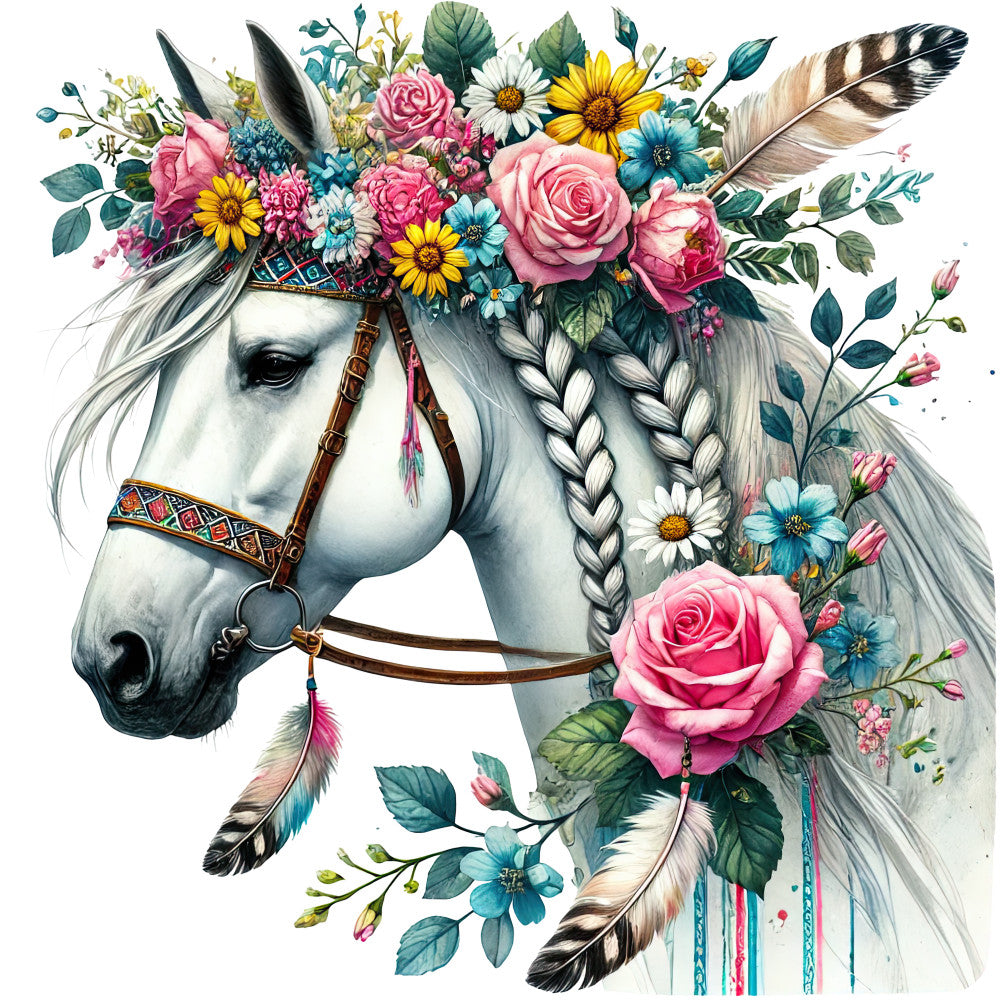 white horse, boho style, floral crown, pink roses, blue flowers, yellow daisies, feathers, braided mane, bridle, watercolor style, fabric panel, quilting cotton, bohemian design, equestrian theme, pastel colors, teal accents, whimsical art, nature elements, decorative florals, soft palette