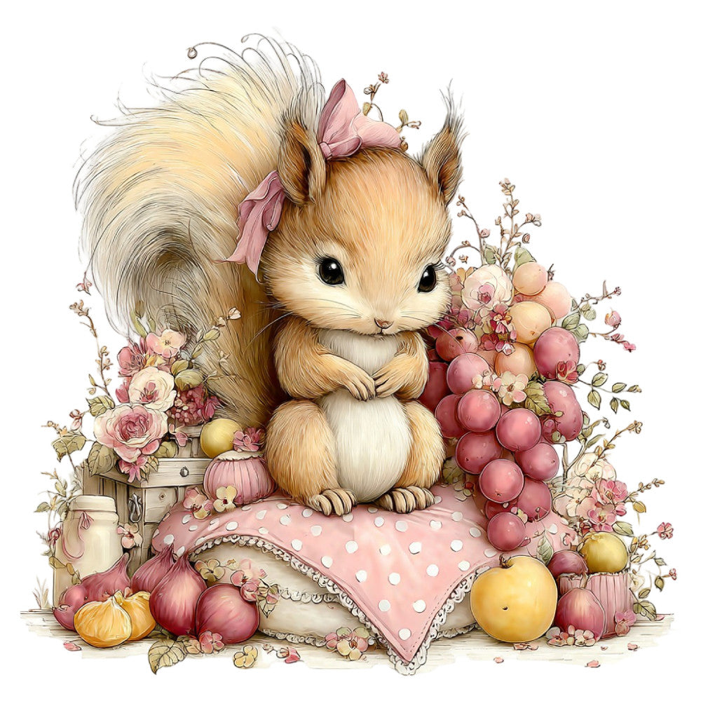 cute squirrel, woodland animals, spring, floral, roses, pink flowers, dusty rose, cream, tan, gold, blush pink, whimsical, vintage, soft, gentle, nature, garden, fruits and vegetables, grapes, apples, onions, pumpkins, cottage core, sweet, delicate, baby, children, storybook, illustration style, feminine