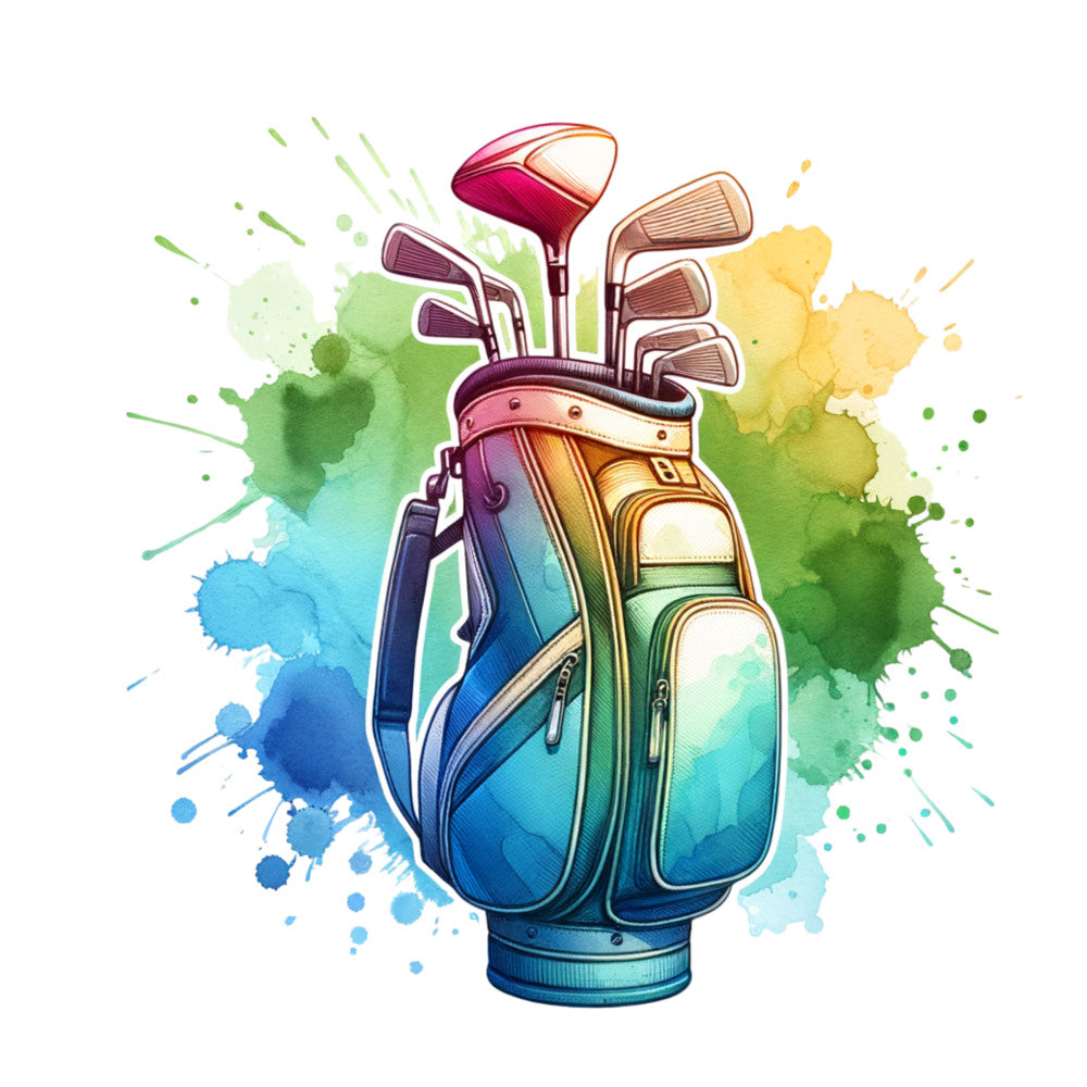 watercolor, golf bag, golf clubs, sports theme, blue gradient, green splash, yellow accents, turquoise, teal, fabric panel, quilting cotton, athletic design, recreation theme, painterly style, artistic splash, golf equipment, sporting goods, vibrant colors, modern illustration, craft fabric