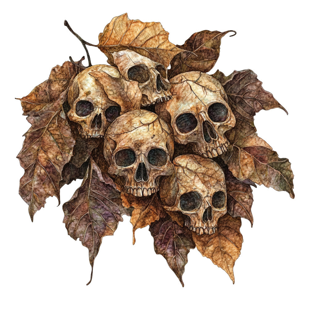 autumn, fall, halloween, spooky, skulls, leaves, dried leaves, brown, tan, cream, dark brown, bronze, nature, gothic, memento mori, vintage, rustic, whimsical, dark, moody, skeleton, death, botanical, foliage, earth tones, harvest, october, seasonal, wall hanging, home decor