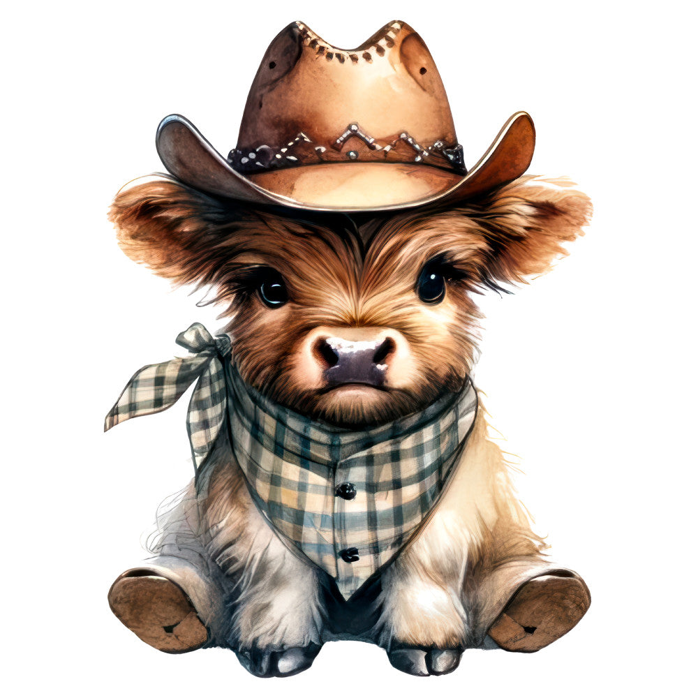 cowboy, western, cattle, highland cow, cute animals, plaid, checkered, bandana, brown, tan, cream, rust, forest green, charcoal gray, whimsical, rustic, farmhouse, country, novelty, children's, baby, humorous, adorable, western theme, ranch, livestock, animal lover, playful, decorative panel, quilt square