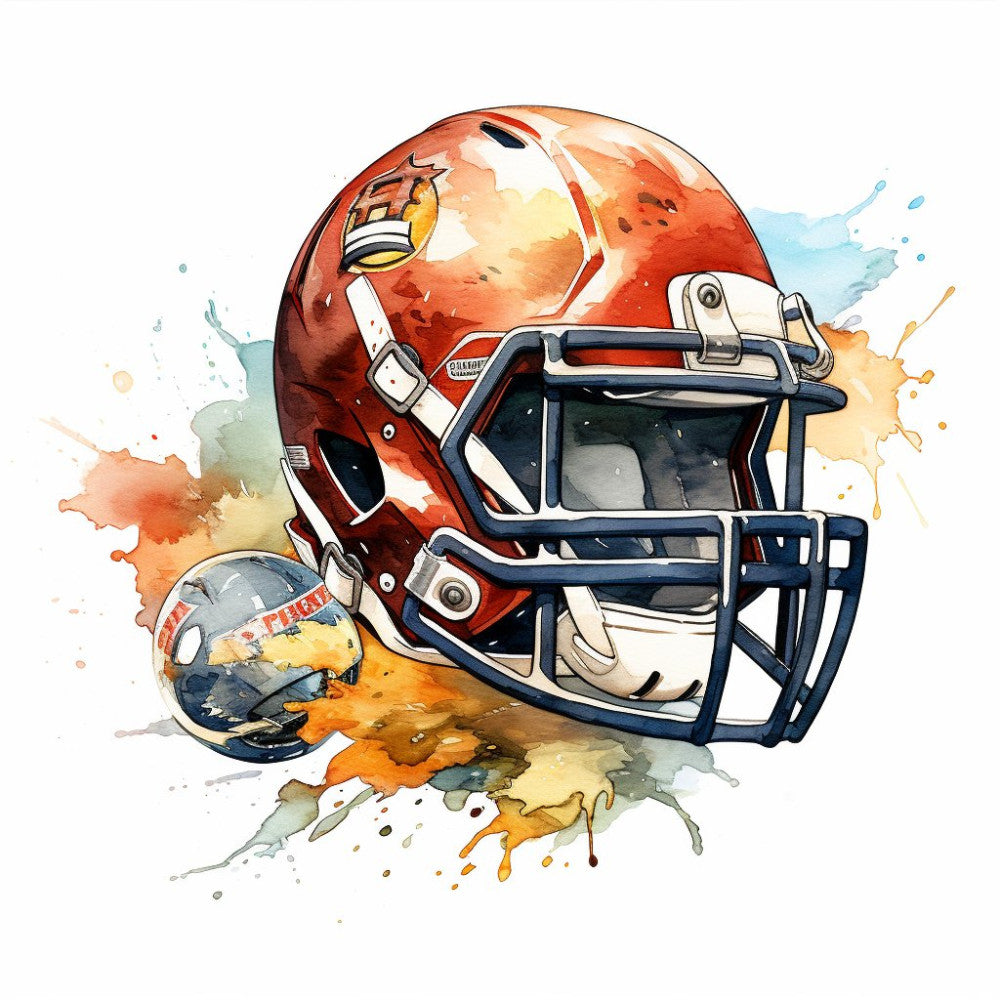 football helmet, sports, rust red, burnt orange, navy blue, cream white, watercolor, splatter, abstract, athletic, team spirit, masculine, modern, action sports, game day, orange and navy, metallic accents, artistic, painted effect, casual style, fan apparel, competitive sports, bold colors, dramatic splashes, sports fan, recreational, energetic, vibrant
