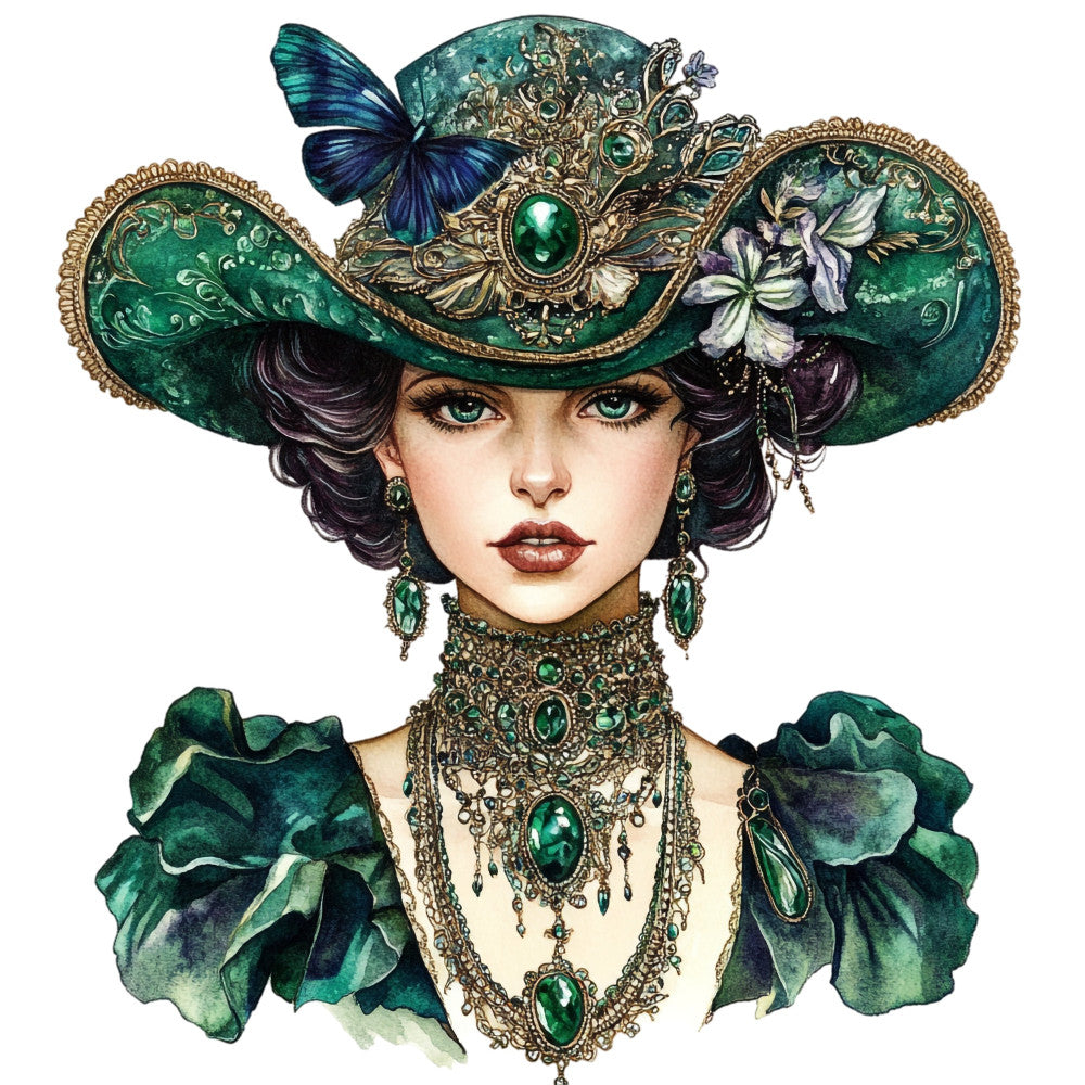 emerald green, forest green, teal, gold, bronze, bronze metallic, dark purple, navy blue, cream, ivory, white, portrait, woman, lady, vintage, elegant, ornate, whimsical, botanical, floral, butterfly, flowers, iris, leaves, jewelry, ornamental, decorative, steampunk, victorian, art deco