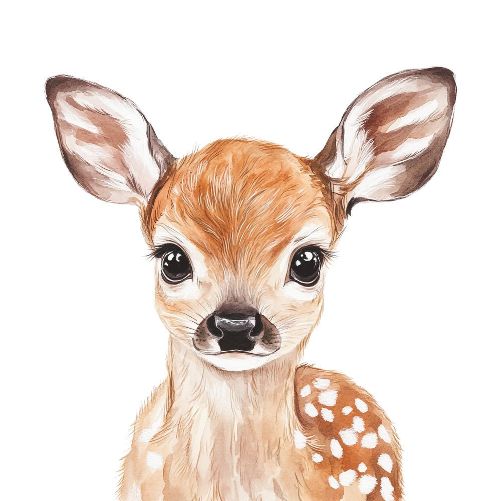 fawn, deer, baby deer, fawny brown, cream, white, tan, caramel, woodland, nature, animals, wildlife, whimsical, cute, sweet, gentle, nursery, baby, children's, illustration, artistic, portrait, forest, natural, soft, spring, summer, adorable