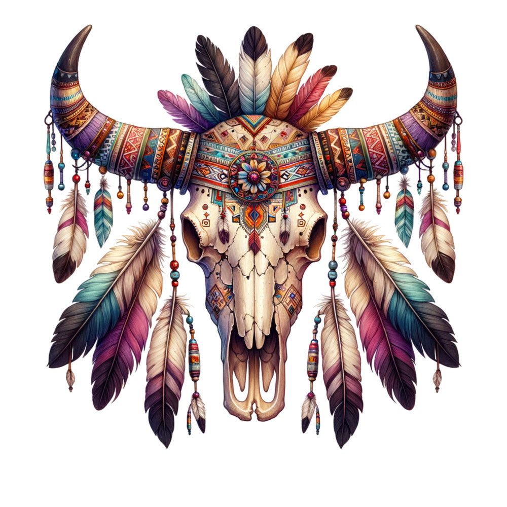 bull skull, feathers, tribal patterns, geometric designs, turquoise, burgundy, orange, cream, purple, native american inspired, southwestern style, horns, beadwork motifs, fabric panel, quilting cotton, bohemian, dreamcatcher elements, earth tones, decorative skull, spiritual symbols