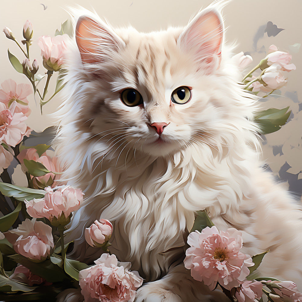 Watercolor Cats with Flowers Fabric Panel 11 featuring a detailed fluffy cat surrounded by soft pink flowers on premium cotton.