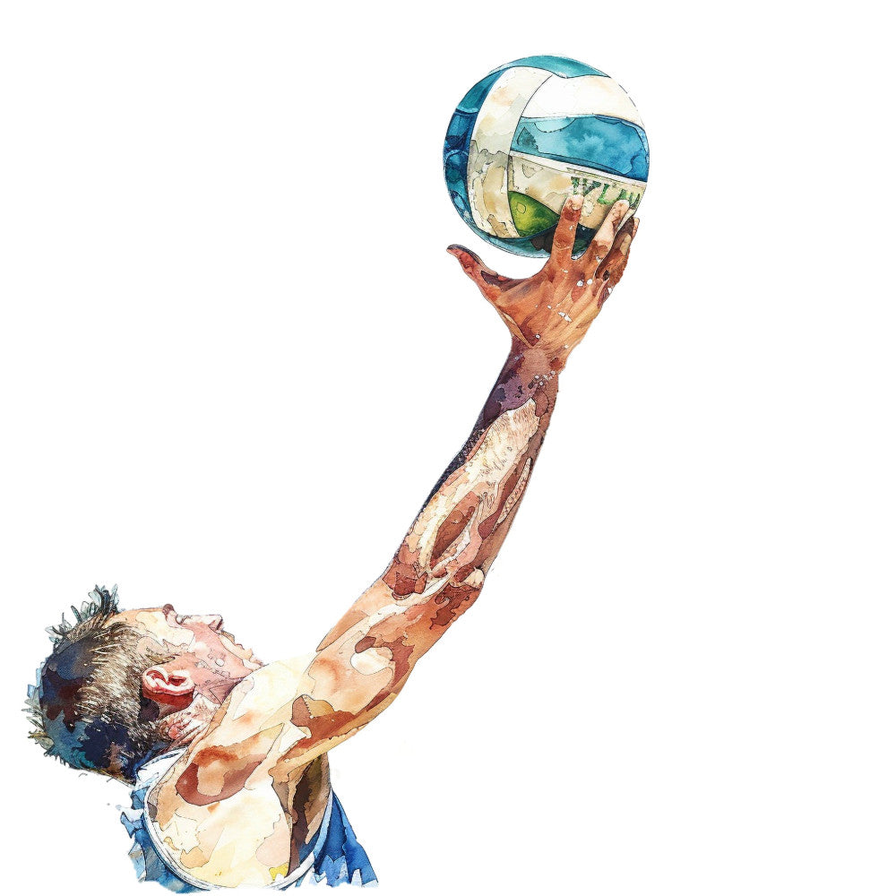 watercolor, sports, volleyball, athletic, teal blue, cream, rust brown, burnt orange, terracotta, abstract, modern, dynamic action, athlete, summer, beach volleyball, water sports, instructional, skill-focused, energetic, movement, hand painted, illustration, casual wear, active lifestyle, youth, competitive sports, inspirational, blue and white, earthy tones