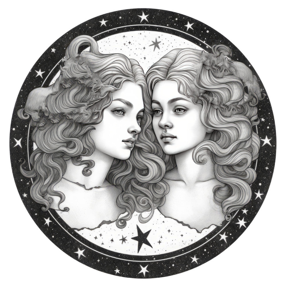 grayscale, black and white, monochrome, celestial, stars, gemini, zodiac, twins, mystical, ethereal, vintage, elegant, whimsical, portrait, faces, flowing hair, night sky, starry, cosmic, romantic, classical, ornate, literary, botanical, women, figures, decorative, mysticism, astrology, constellation