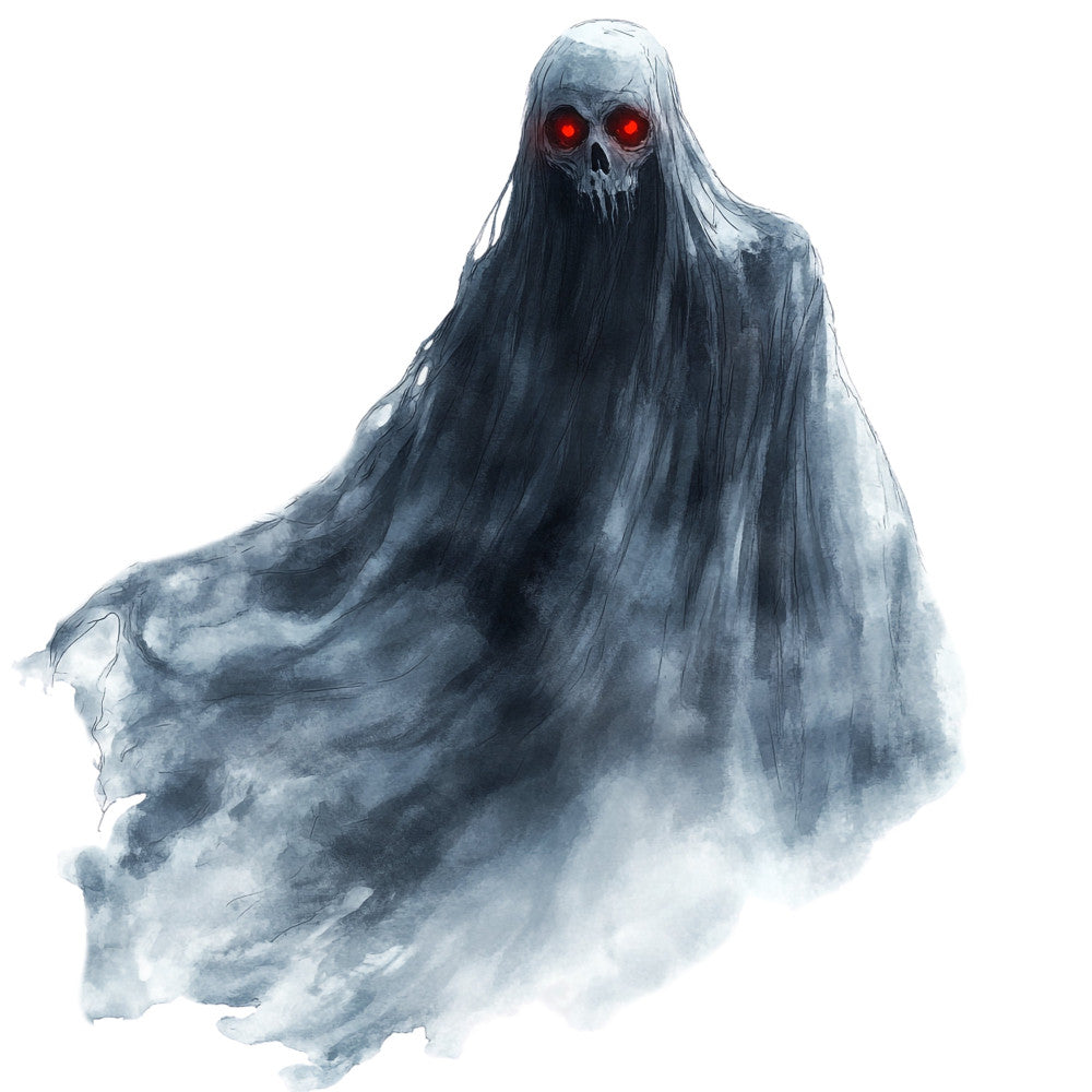 spooky, halloween, ghost, skull, grim reaper, dark theme, gothic, eerie, supernatural, skeleton face, glowing eyes, red eyes, misty, ethereal, vapor effect, smoky, haunting, spooky decoration, dark gray, charcoal gray, slate blue, ghostly white, horror, creepy, scary, wall hanging, halloween decor, dark aesthetic, moody, atmospheric
