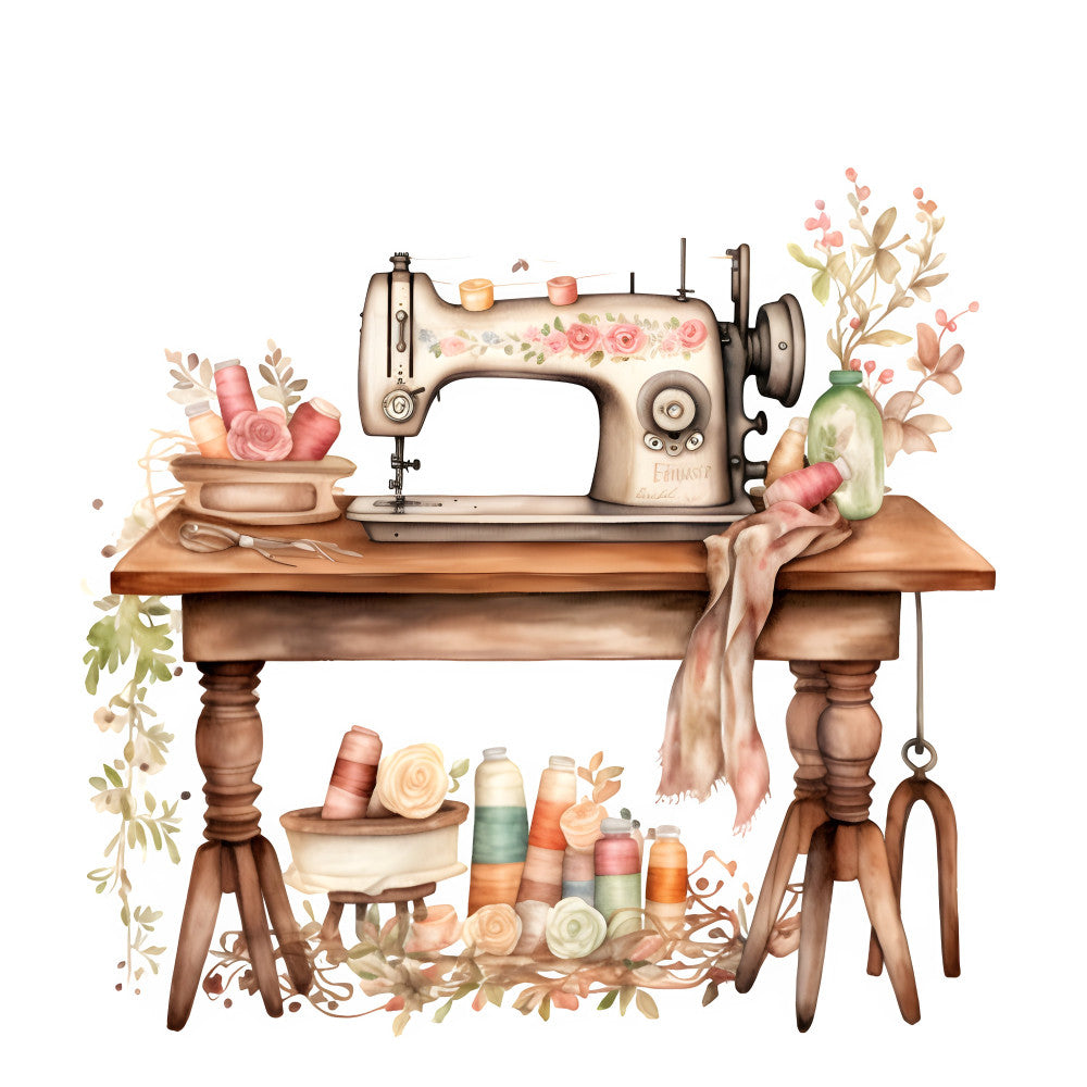 sewing machine, vintage sewing, craft room, cream, dusty rose, coral pink, sage green, soft pastels, floral, roses, botanical, herbs, thread spools, sewing notions, cottage core, vintage aesthetic, retro, shabby chic, rustic, whimsical, romantic, elegant, spring, crafty, diy, sewing supplies, decorative flowers, garden theme, needle and thread, fabric scraps