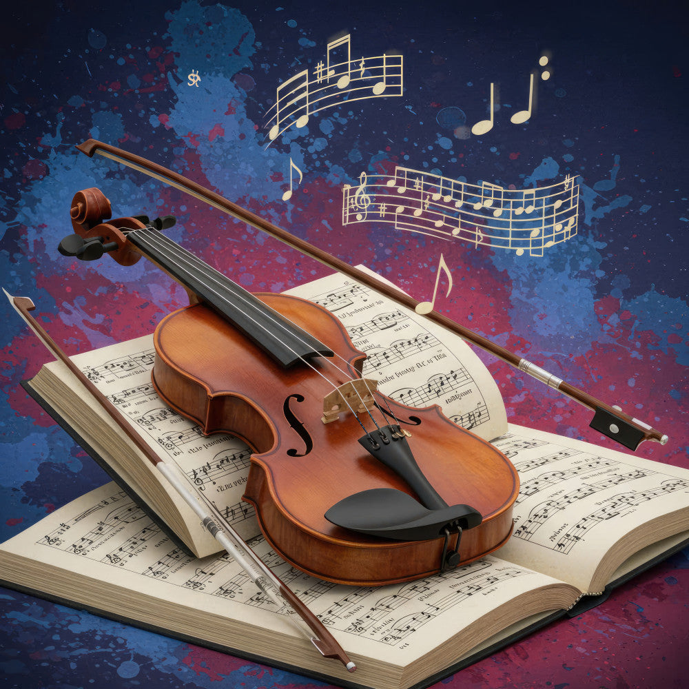 music, violin, classical music, sheet music, musical notes, orchestra, stringed instruments, artistic, elegant, sophisticated, navy blue, deep blue, burgundy red, wine red, gold accents, abstract background, watercolor effect, splatter design, music themed, performance, concert, musician, artistic style, traditional instruments, music education, decorative, home decor, wall art