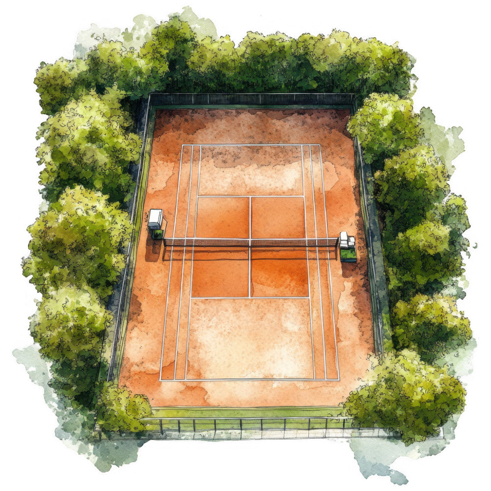 tennis court, clay court, sports, orange clay, terracotta, sage green, forest green, lime green, nature, outdoor recreation, athletic, geometric, lined court, landscape, aerial view, summer, springtime, sports themed, recreational, modern, structured design, botanical, trees, foliage, natural border, sports fan, athletic decor, terracotta orange, muted green