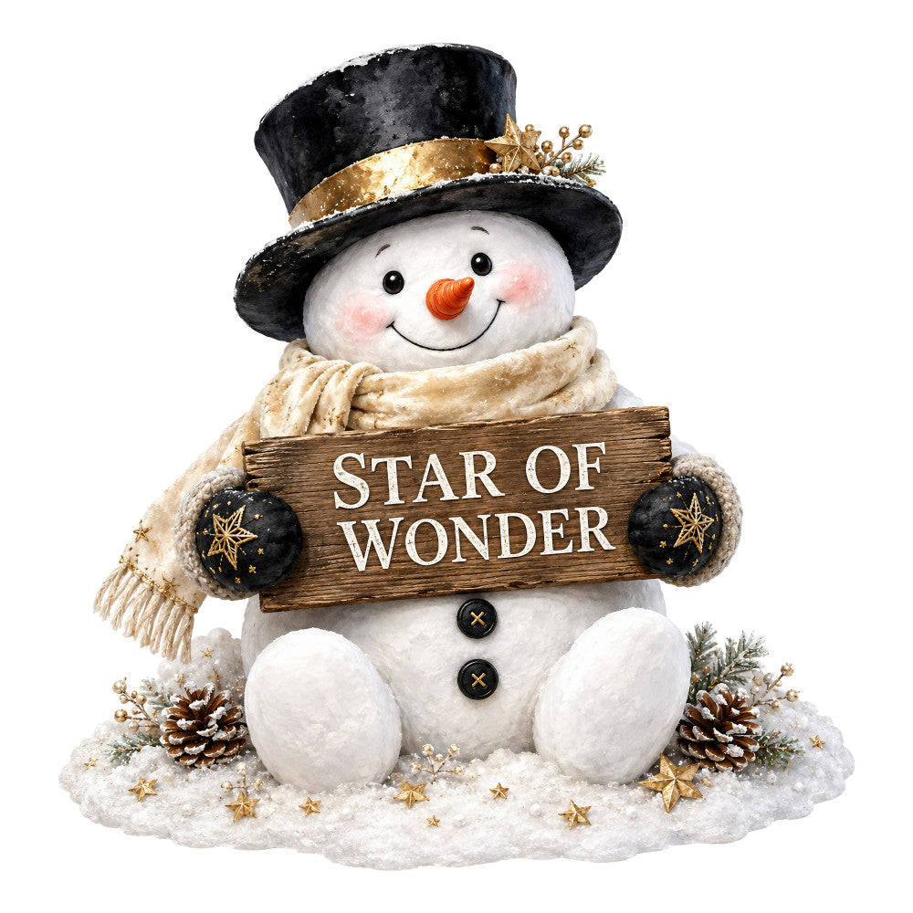snowman, winter, christmas, holiday, gold, black, cream, ivory, white, festive, whimsical, star of wonder, pine cones, stars, scarf, top hat, carrot nose, seasonal, decorative, elegant, rustic, cozy, cheerful, winter wonderland, nativity, traditional holiday, metallic gold accents