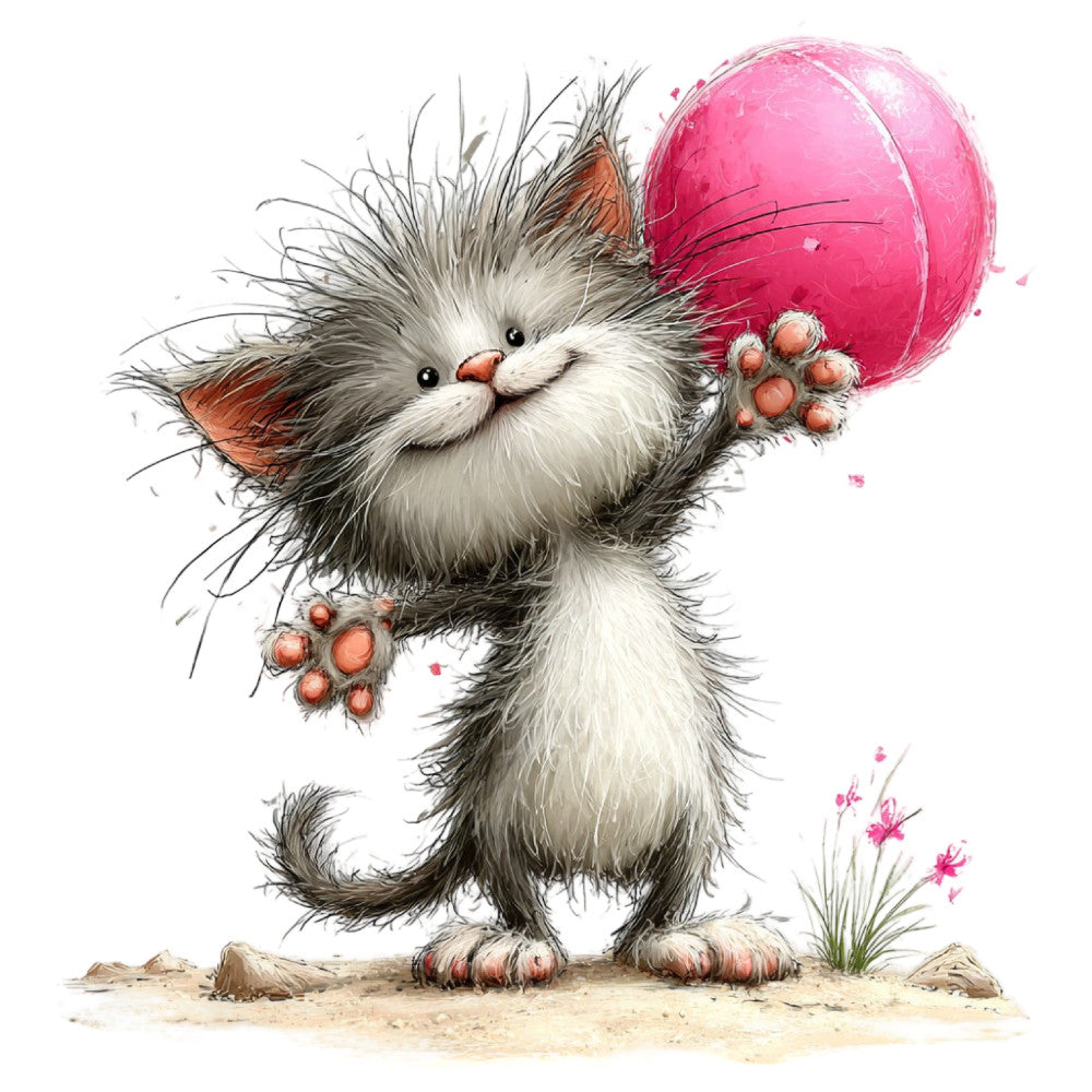 fluffy cat, pink balloon, whimsical animals, children's fabric, cute kitten, playful design, coral pink, soft gray, white and gray, animal characters, illustration style, storybook art, nursery decor, baby quilt, kids' fabric, decorative panel, spring theme, cheerful design, character fabric, artistic rendering, sandcastle scene, whimsy, nature elements, flowers, sweet animals, charming characters, endearing illustration, colorful design, child-friendly, wall hanging