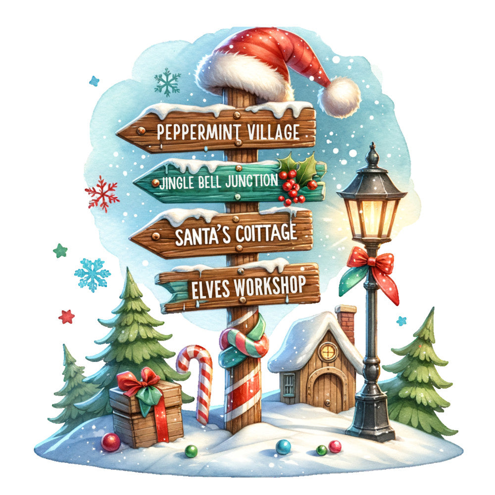 christmas signpost, winter scene, watercolor style, red santa hat, wooden directional signs, snow covered, evergreen trees, vintage lamppost, candy canes, gift boxes, colorful ornaments, peppermint village, santa's cottage, elves workshop, holly berries, snowflakes, fabric panel, quilting cotton, festive illustration, whimsical christmas, north pole theme