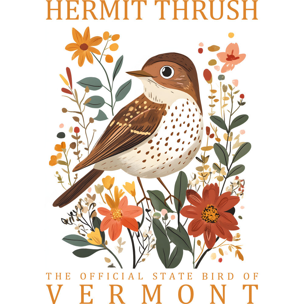 hermit thrush, state bird, vermont, brown bird, spotted breast, autumn colors, orange flowers, coral blooms, green leaves, botanical design, nature illustration, wildlife art, fabric panel, quilting cotton, earthy tones, warm palette, floral border, artistic rendering, songbird, peaceful mood
