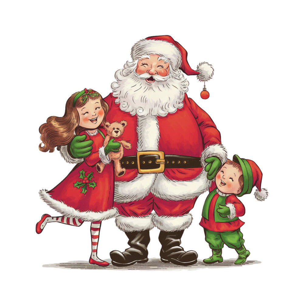 santa claus, children, teddy bear, christmas, holiday, red suit, white beard, elf costume, striped stockings, green accents, jolly, festive, winter theme, cartoon style, fabric panel, quilting cotton, cheerful characters, christmas morning, gift giving, seasonal motif