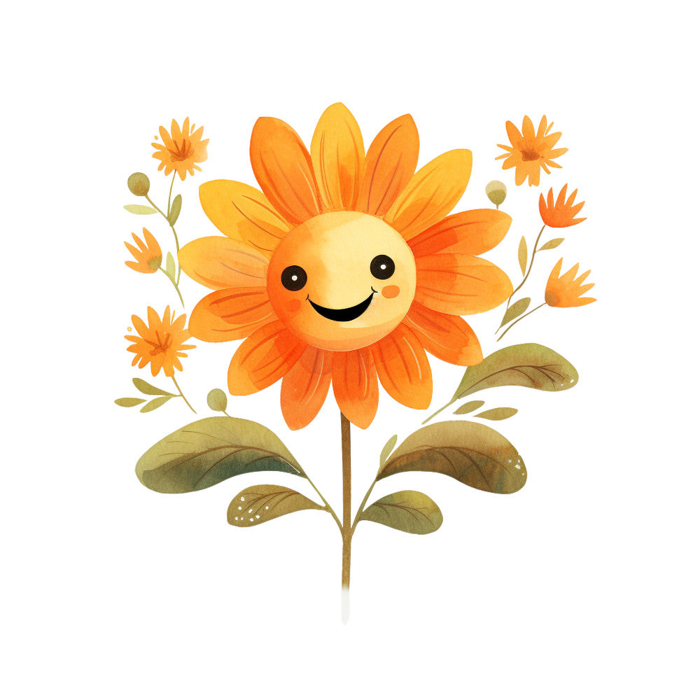 orange flowers, yellow petals, smiling sunflower, cute faces, happy expression, watercolor style, floral design, green leaves, brown stems, cheerful blooms, bright colors, whimsical art, fabric panel, quilting cotton, children's motif, spring theme, botanical illustration, orange gradient, nature pattern, craft material