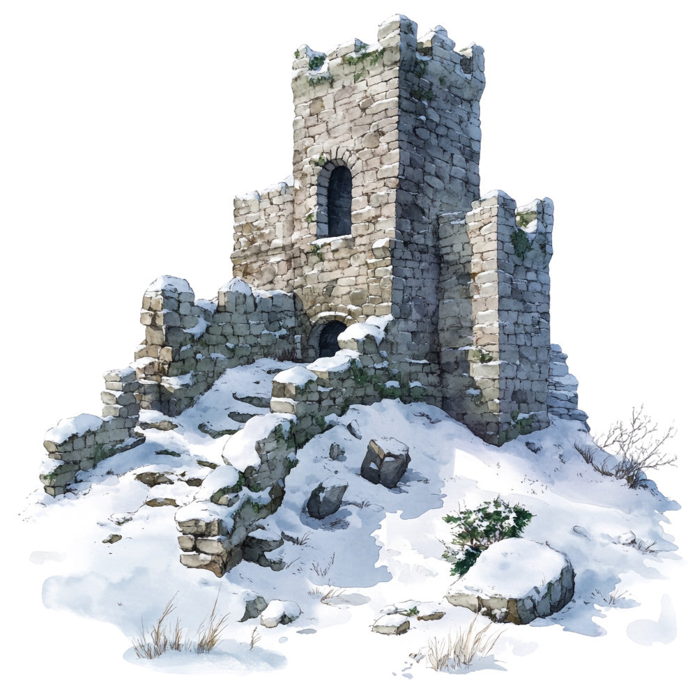 winter scene, castle ruins, snow covered, stone architecture, medieval tower, fabric panel, quilting cotton, scottish landscape, ancient fortress, white snow, gray stones, weathered walls, historical building, cold season, ruined castle, winter wonderland, architectural ruins, snowy ground, castle keep, fabric art