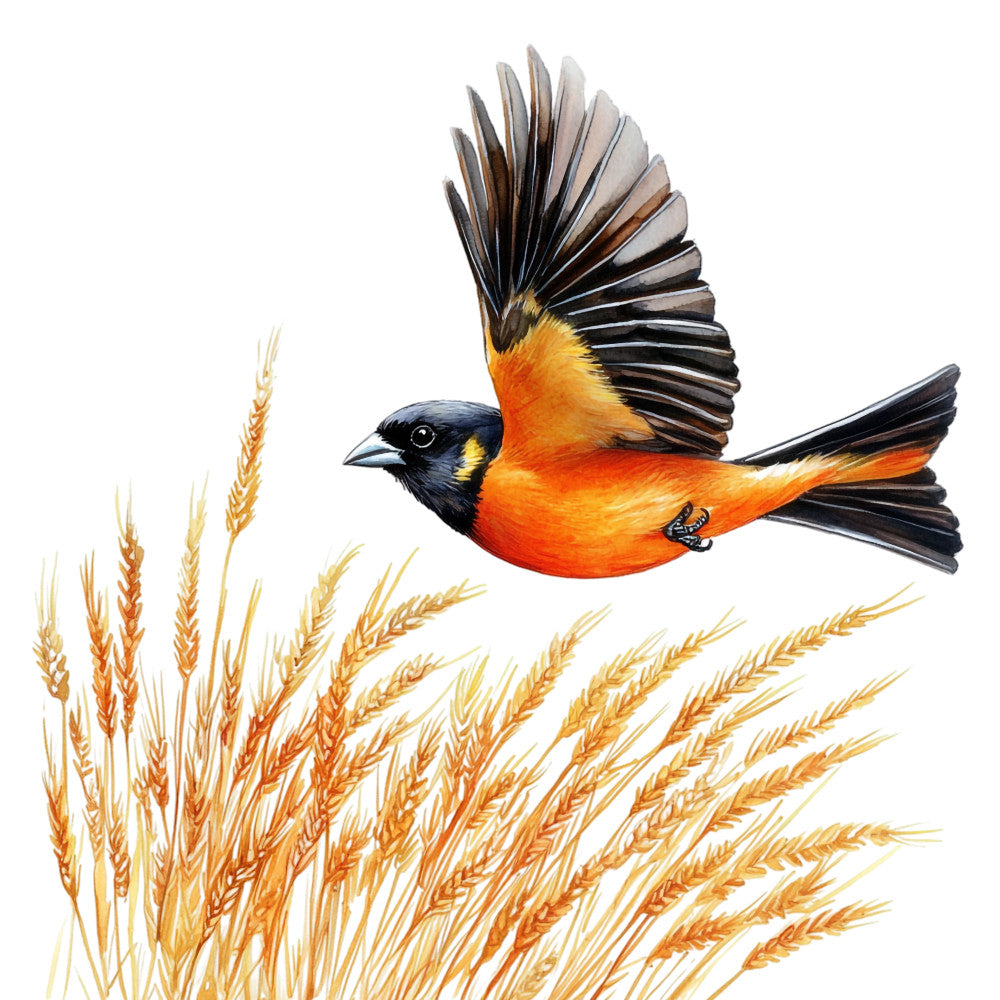 baltimore oriole, bird fabric, orange bird, black wings, flying bird, wheat stalks, grain field, wildlife panel, nature scene, orange and black, golden wheat, bird in flight, ornithology fabric, songbird design, autumn colors, realistic bird art, quilting panel, cotton fabric, 21 inch panel, bird watching