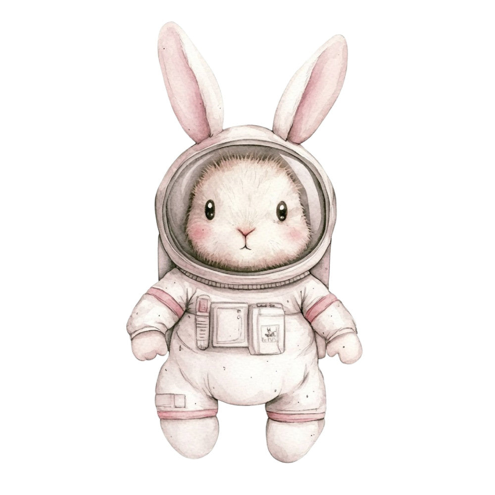 astronaut bunny, space rabbit, cute animals, whimsical, children's, baby nursery, pastel pink, soft white, cream, blush pink, mauve, gentle, sweet, space theme, celestial, adventure, explorer, illustration, character panel, kids bedding, baby quilt, nursery decor, gender neutral, playful, soft colors, watercolor style, modern whimsical, storybook, kawaii, adorable