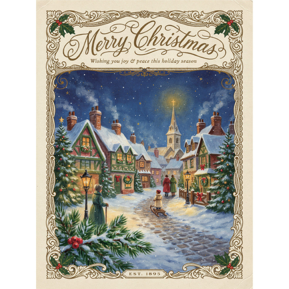 merry christmas, vintage christmas, winter village, snowy landscape, church steeple, holiday scene, christmas carolers, snow-covered houses, evergreen trees, starry night sky, gold star, traditional christmas, nostalgic, elegant, cream background, navy blue sky, red brick chimneys, warm gold accents, forest green, festive, victorian style, christmas ornaments, holly berries, wreath motifs, lamp post, sleigh, winter holiday, established 1895, decorative border, classic christmas