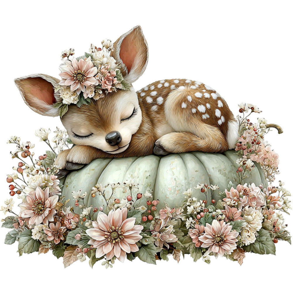 sleeping deer, fawn, floral, animals, nature, woodland, whimsical, soft pastels, cream, sage green, dusty rose, blush pink, tan, brown, vintage, gentle, sweet, nursery, baby, children, autumn, fall, daisies, flowers, berries, cottage core, storybook, peaceful, dreamy, feminine