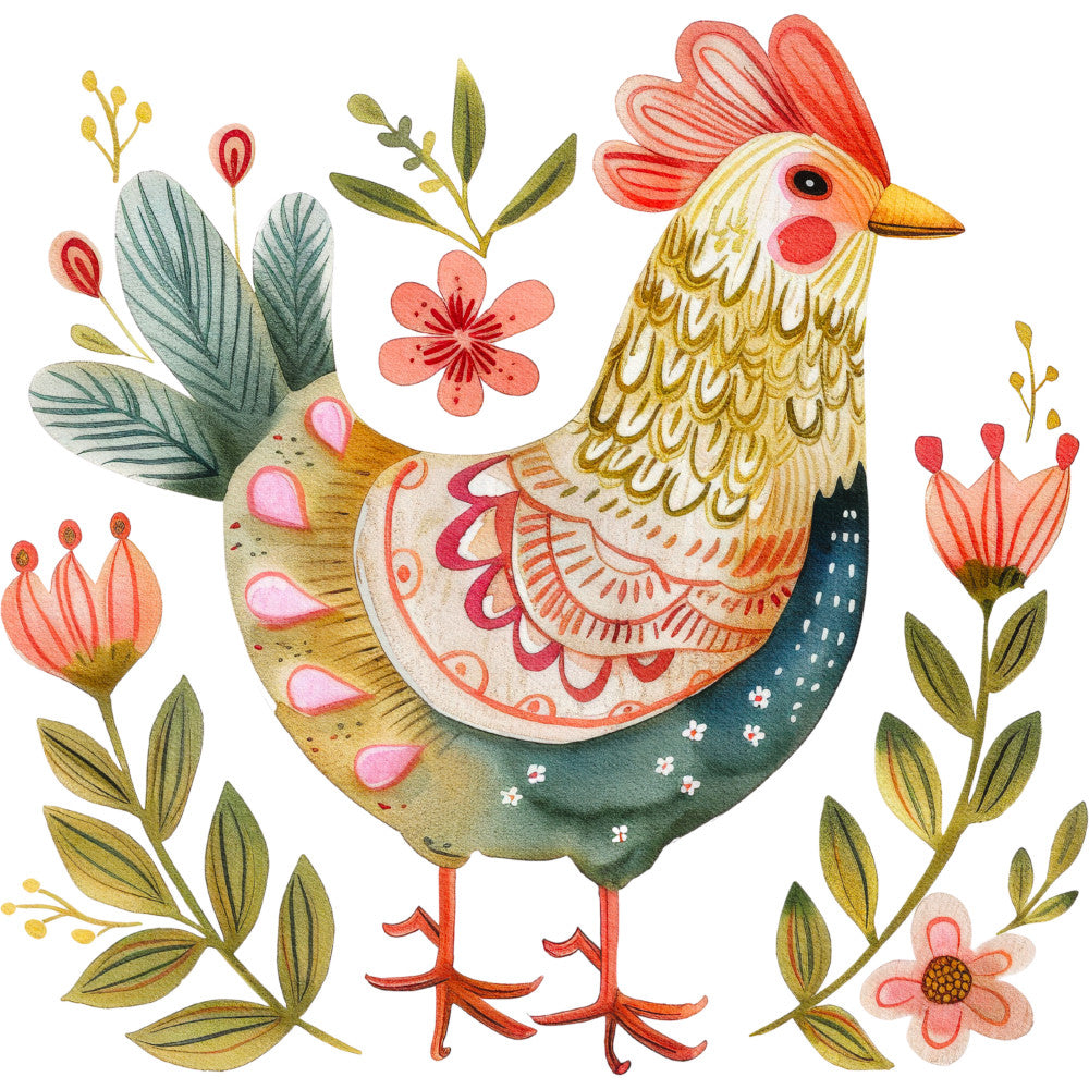 Folk Chicken Fabric Panel 2