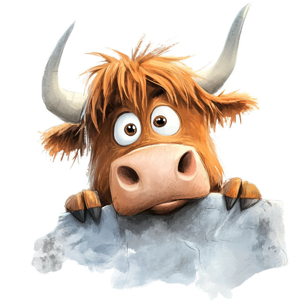 highland cow, brown cow, rust orange, cream, gray blue, watercolor, whimsical, farmhouse, rustic, cute animals, children's, baby, livestock, cattle, long horns, shaggy hair, expressive eyes, playful, countryside, farm animals, pastoral, charming, illustration style, storybook, nature themed, warm tones, neutral background, quirky, folk art, nursery