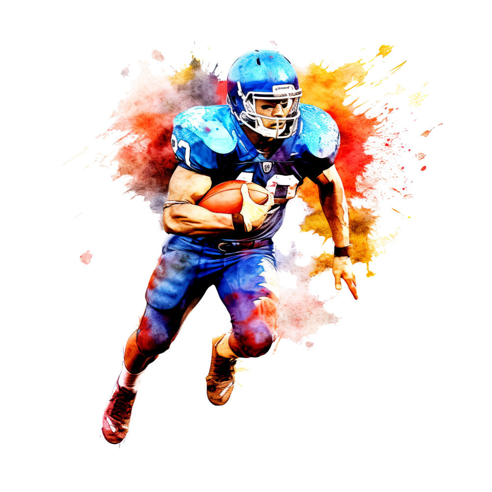 football player, sports, watercolor, splatter, action, dynamic, athletic, blue, orange, red, yellow, abstract, modern, energetic, vibrant, colorful paint effects, masculine, team sports, competitive, motion, strength, power, sports fan, game day, gridiron, helmet, ball, running back, receiver, contemporary art style
