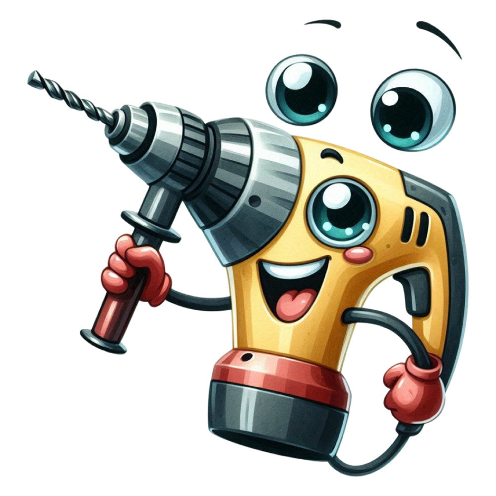 yellow, gold, red, coral pink, turquoise, teal, black, cartoon, whimsical, playful, children's, tools, drill, cute, funny, cheerful, happy, humorous, construction, mechanical, character, animated, tongue out, big eyes, smiling, kid's fabric, novelty, fun, vibrant, bold