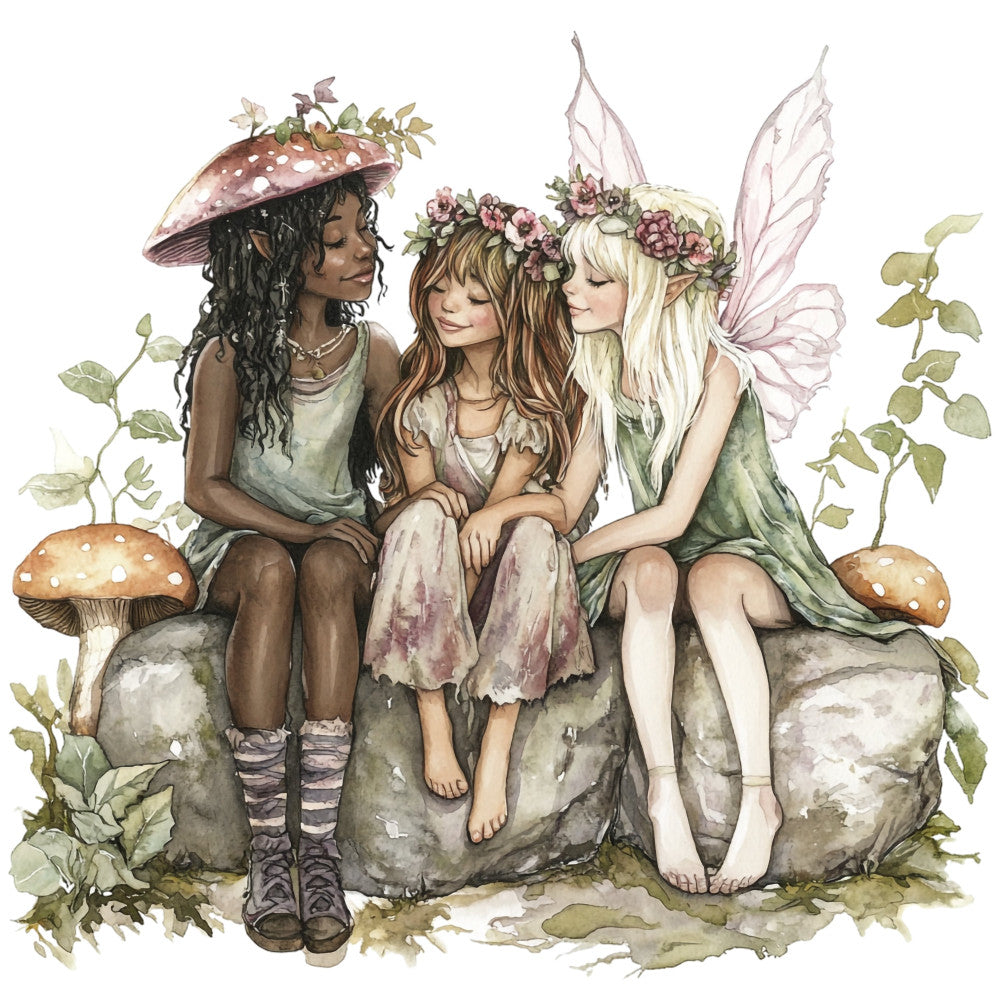 fairy garden, whimsical, fantasy, magical creatures, wings, nature, woodland, mushrooms, toadstools, flowers, floral, botanical, girls, children, diverse, multicultural, earth tones, sage green, cream, dusty rose, mauve, brown, soft colors, spring, garden theme, storybook illustration, enchanted forest, fairy tale, innocent, playful