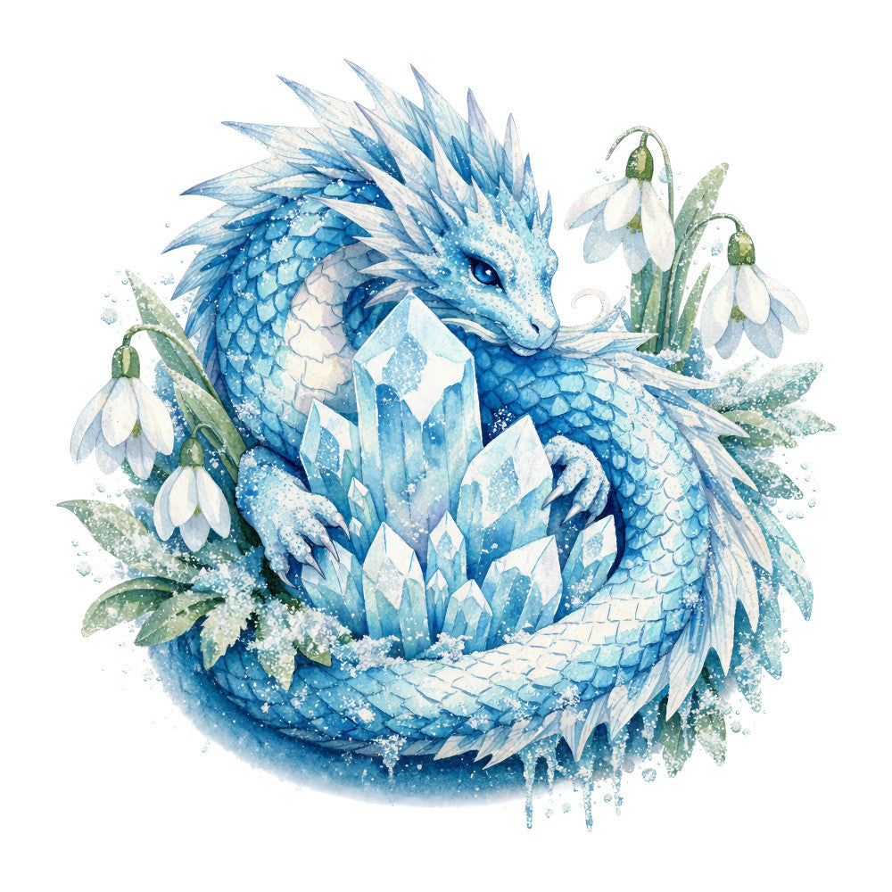 ice blue, winter white, crystalline blue, frost blue, snowflake white, dragon, fantasy creature, winter themed, spring flowers, snowdrops, delicate petals, magical, whimsical, elegant, ethereal, icy crystals, frozen, seasonal, winter spring blend, nature inspired, mythical, enchanted, sparkle details, light blue, pale blue, sage green, ice crystal motifs, celestial inspired, dreamy, storybook style