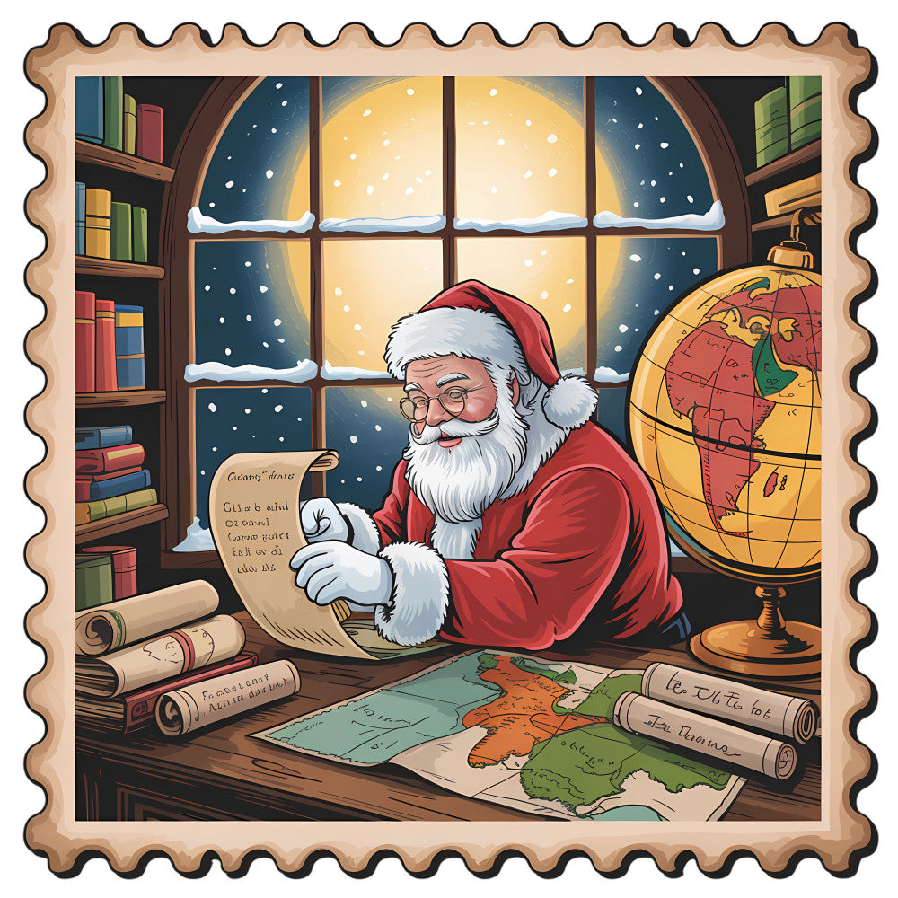 Vintage Christmas Stamps Fabric Panel 4 featuring Santa Claus reading a letter in a cozy snowy room with maps and a globe.