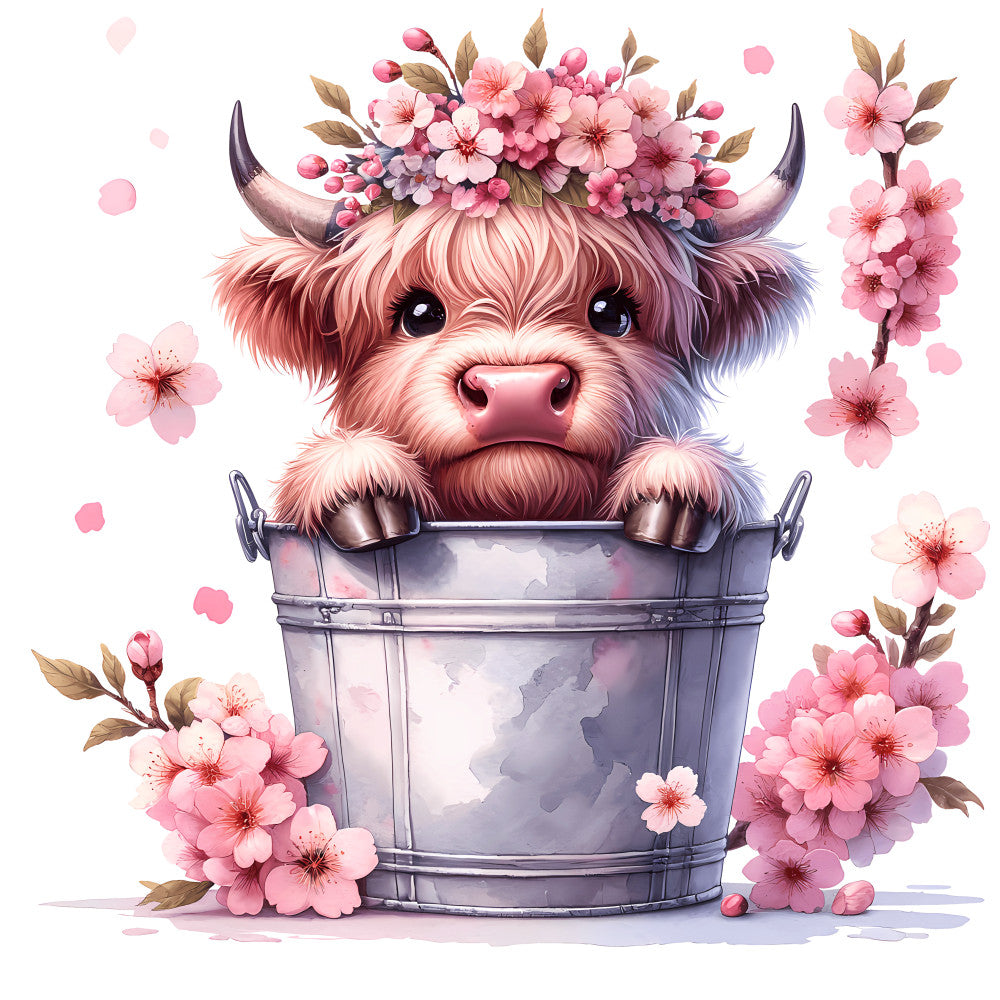 Cute Highland Cows in Buckets Fabric Panel 13 featuring an adorable calf with floral crown in a metal bucket surrounded by pink blossoms.