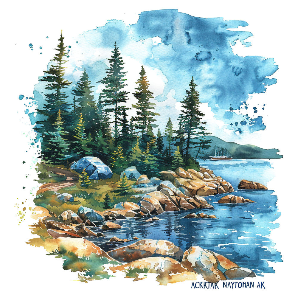forest green, sky blue, navy blue, cream, tan, brown, rocky shores, evergreen trees, coniferous forest, coastal landscape, mountain scenery, sailboat, camping tent, rocks, boulders, nature, landscape, nautical, rustic, outdoor adventure, scenic, watercolor style, alaska, acadia national park inspired, wilderness, hiking, travel, scenic vista, serene, peaceful