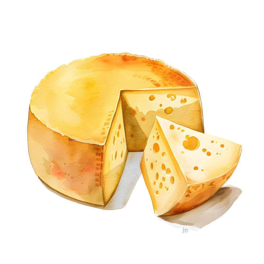 cheese, food, dairy, golden yellow, butter yellow, cream, pale yellow, amber orange, burnt orange, food illustration, realistic, culinary, gourmet, kitchen, farmhouse, rustic, elegant, detailed, food art, cheese wheel, swiss cheese, holey cheese, aged cheese, artisan, kitchen decor, food themed, country, traditional, sophisticated