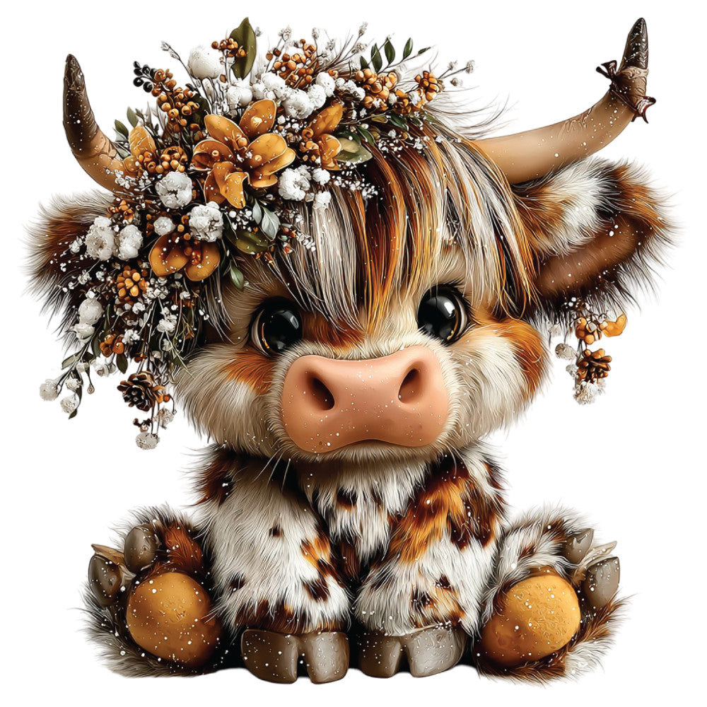 highland cow, christmas cow, winter floral crown, brown fur, cream white, orange berries, cotton balls, pine cones, horns, sitting cow, fabric panel, quilting cotton, winter theme, holiday decoration, cute animal, realistic art style, festive botanicals, snow dusting, craft fabric, seasonal panel