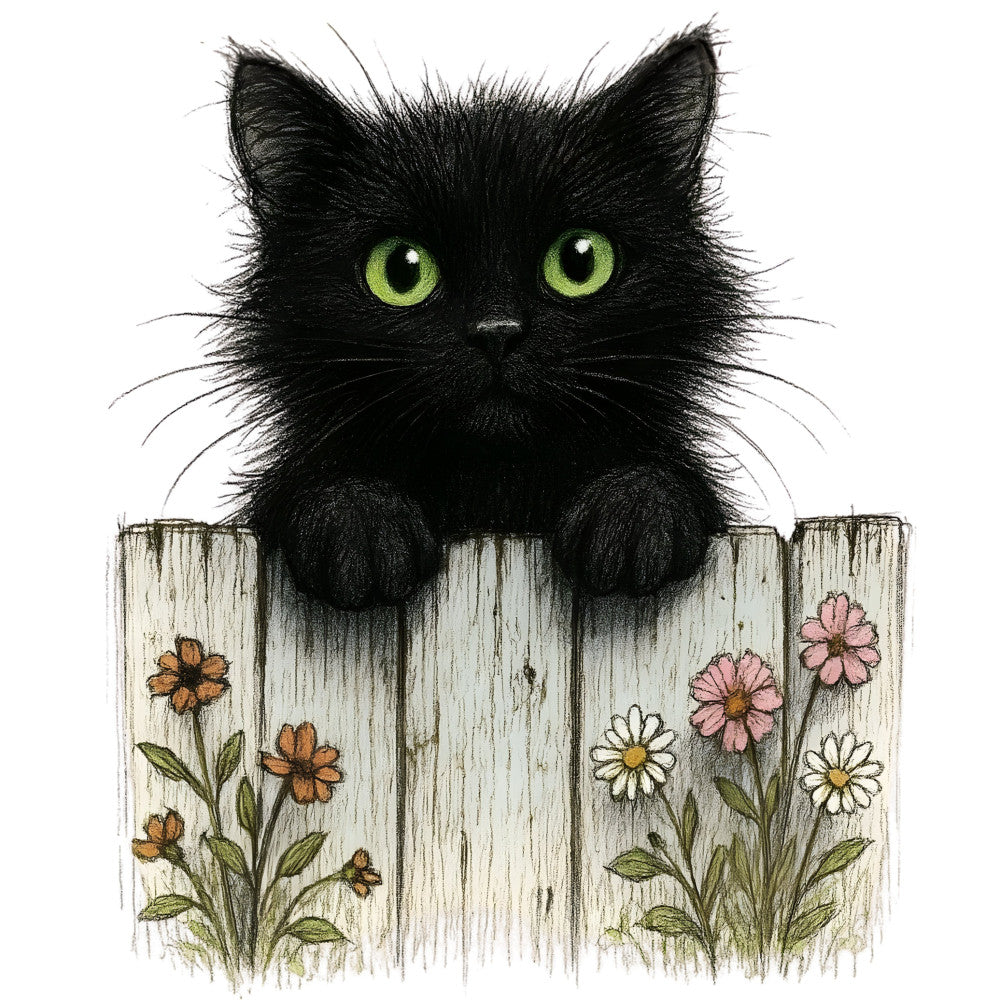 black cat, green eyes, charcoal black, cream white, coral orange, dusty pink, sage green, whimsical, animals, cats, feline, nature, flowers, daisies, botanical, farmhouse, rustic, vintage, garden, spring, summer, folk art, cottage core, cute, playful, woodland, illustration style, floral border, peeking cat