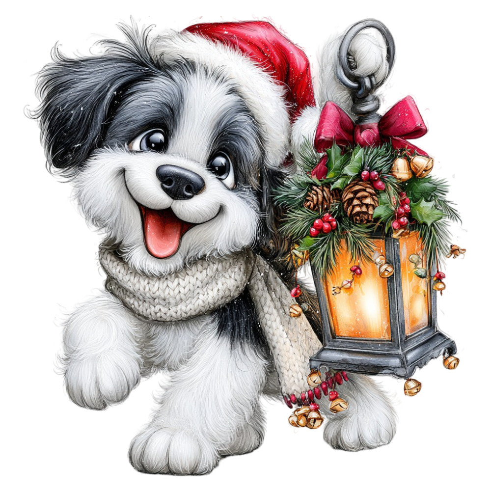 christmas dog, holiday puppy, shih tzu, white and black dog, santa hat, festive canine, lantern, holiday lantern, christmas lantern, gold lantern, holly wreath, red bow, jingle bells, bronze bells, holiday decorative, winter dog, cheerful dog, smiling puppy, christmas wreath, evergreen, red berries, red and gold, cream white, charcoal gray, holiday theme, christmas theme, whimsical style, festive decoration, seasonal holiday, pet lover