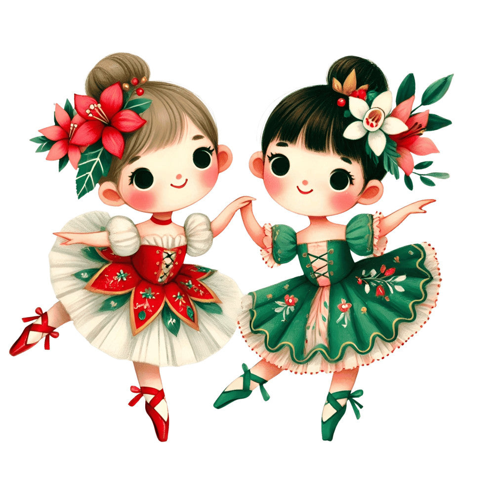 coral pink, forest green, red, cream, white, ballet dancers, floral, whimsical, vintage, retro, classic, girls, children, dancing figures, flowers, festive, holiday, christmas, poinsettias, botanical, charming, sweet, playful, elegant, traditional, dress-up, performance, tutu, ribbon, decorative