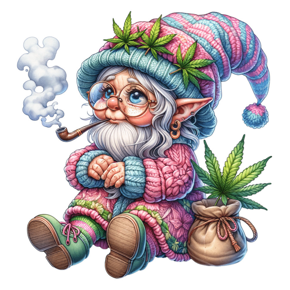 fabric panel, garden gnome, cannabis leaves, marijuana, smoking pipe, knitted sweater, colorful beanie, pink yarn, teal blue, sage green, white beard, pointed ears, whimsical character, fantasy creature, detailed illustration, quilting cotton, craft project, novelty print, sitting pose, hemp sack