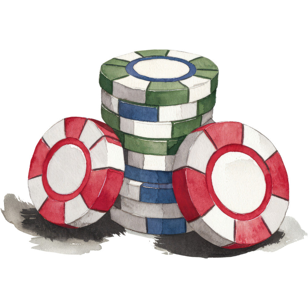 watercolor, casino chips, poker chips, gambling, red chips, green chips, blue chips, white chips, gaming, stacked chips, fabric panel, quilting cotton, casino theme, watercolor painting, red and white, green and blue, circular patterns, gaming motif, craft fabric, sewing panel
