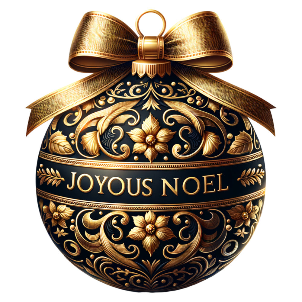 black, gold, bronze, christmas ornament, floral scrollwork, decorative ribbon, bow, elegant design, holiday theme, ornate patterns, metallic finish, fabric panel, quilting cotton, festive motif, baroque style, luxury aesthetic, seasonal decoration, french text, ornamental details, rich colors