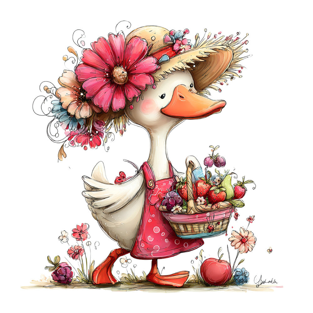whimsical duck, farmhouse, floral, coral pink, cream, rust orange, sage green, berry red, spring, nature, animals, birds, flowers, daisies, gerbera daisies, strawberries, fruit basket, cottage core, vintage illustration, storybook, children's, nursery, girl, adorable character, botanical, garden theme, pastoral, folk art, decorative, wall hanging