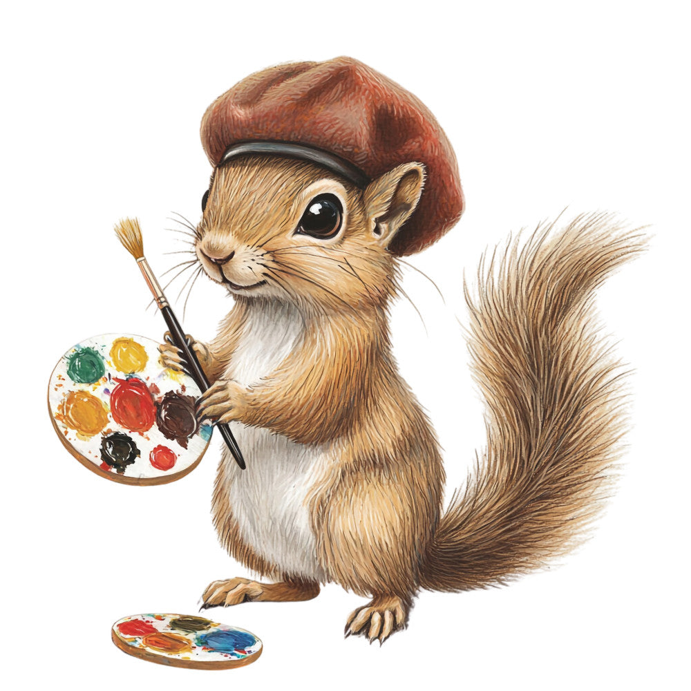 squirrel, artist squirrel, paintbrush, palette, beret, brown fur, white belly, bushy tail, whimsical, children's illustration, fabric panel, quilting cotton, woodland animal, creative art theme, orange beret, paint colors, adorable character, nursery fabric, craft project, cotton panel