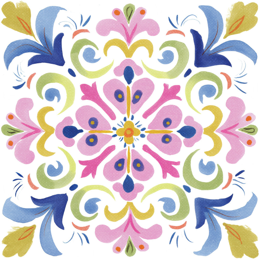 pink floral, navy blue, sage green, yellow, coral, whimsical, symmetrical, mandala, folk art, traditional, botanical, heart motifs, scrollwork, decorative, spring, summer, vibrant, colorful, damask-inspired, ornamental, petal design, centered medallion, multi-color, bright, cheerful, bohemian, vintage-inspired, wall hanging, home decor, pale yellow