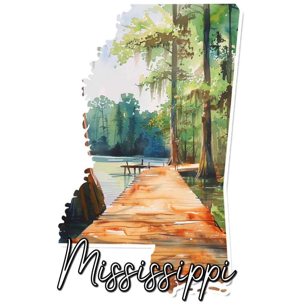 mississippi, wooden dock, cypress trees, bayou, nature scene, landscape, water reflection, forest green, sage green, golden brown, rust orange, sky blue, scenic, travel, state pride, rustic, peaceful, serene, dock, trees, water, regional, vintage travel, cottage core, state silhouette, autumn colors, natural tones, transitional style, home decor, wall hanging
